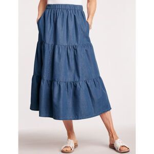 NEW NWT Dark Blue Lightweight Denim Plus Sz 3X Tiered Midi Skirt Pockets BLAIR